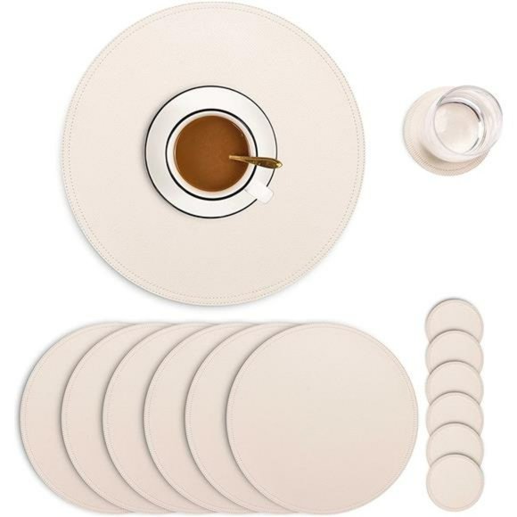 Set of 6 Faux Leather Round Placemats and Coasters, Waterproof - Picture 1 of 6